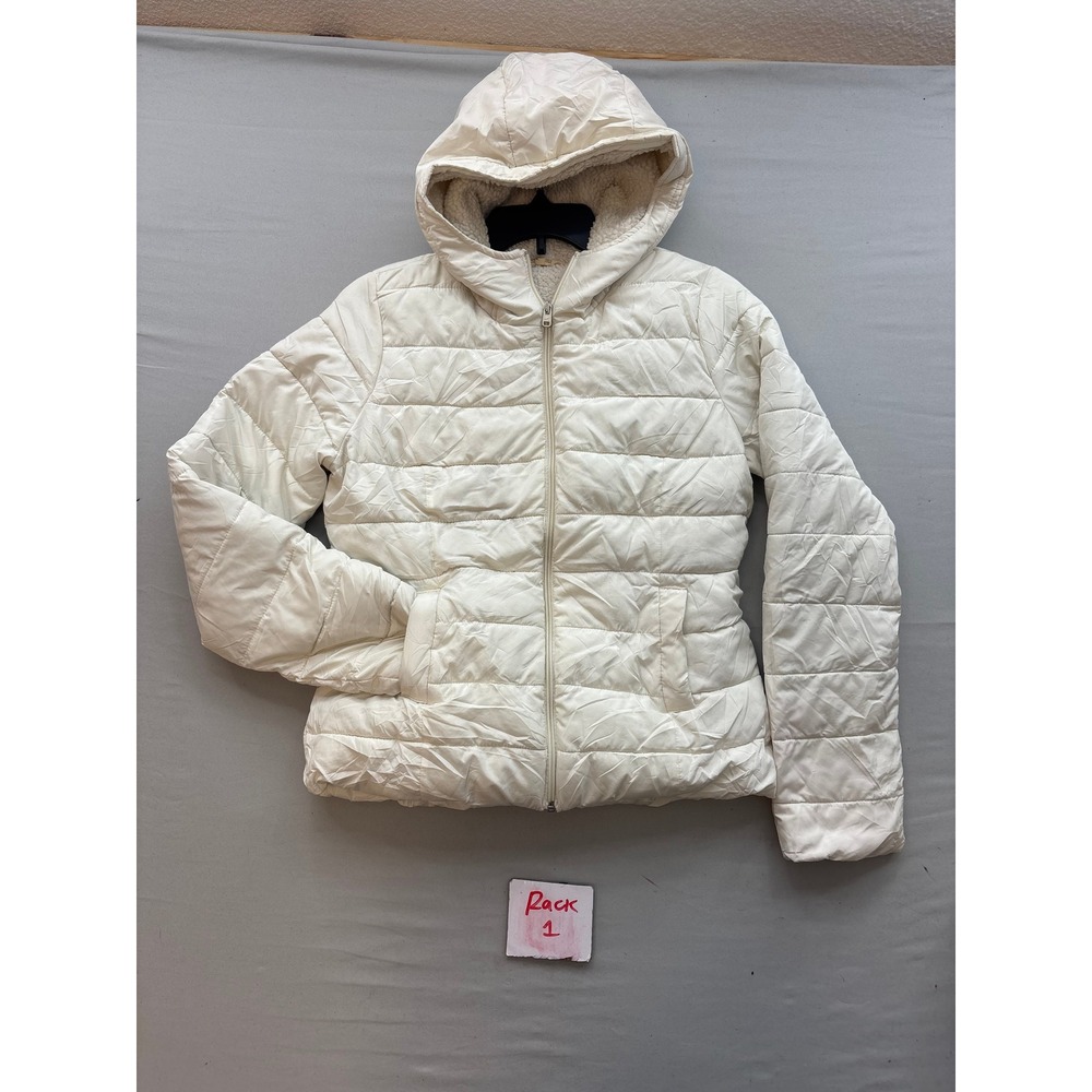 Hollister White Puffer Jacket Sherpa Lined Hooded Full Zip Quilted Coat Womens M